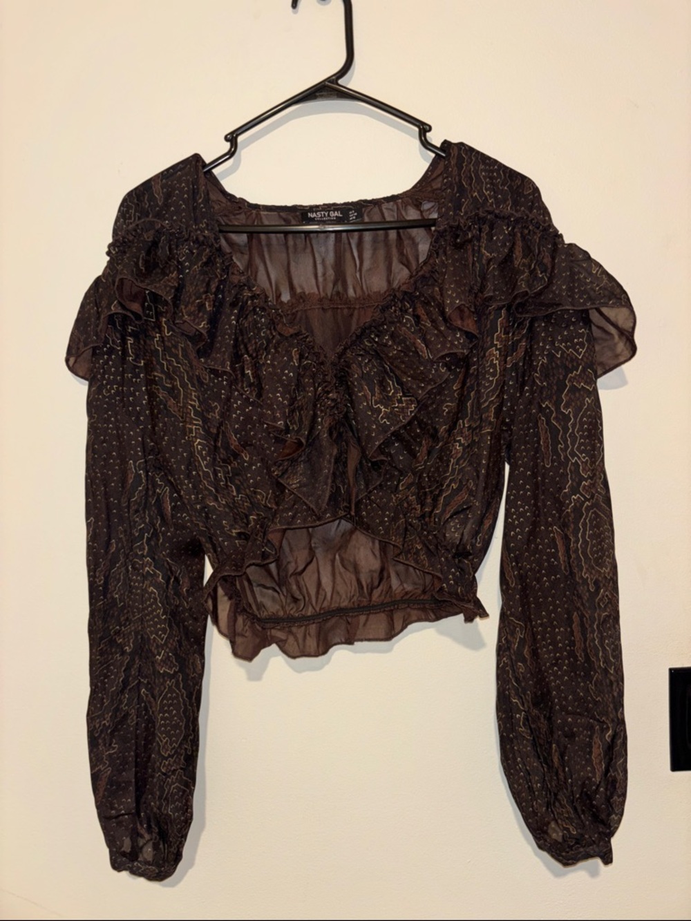 Nasty Gal Brown Ruffled Metallic Dot Sheer Crop Top